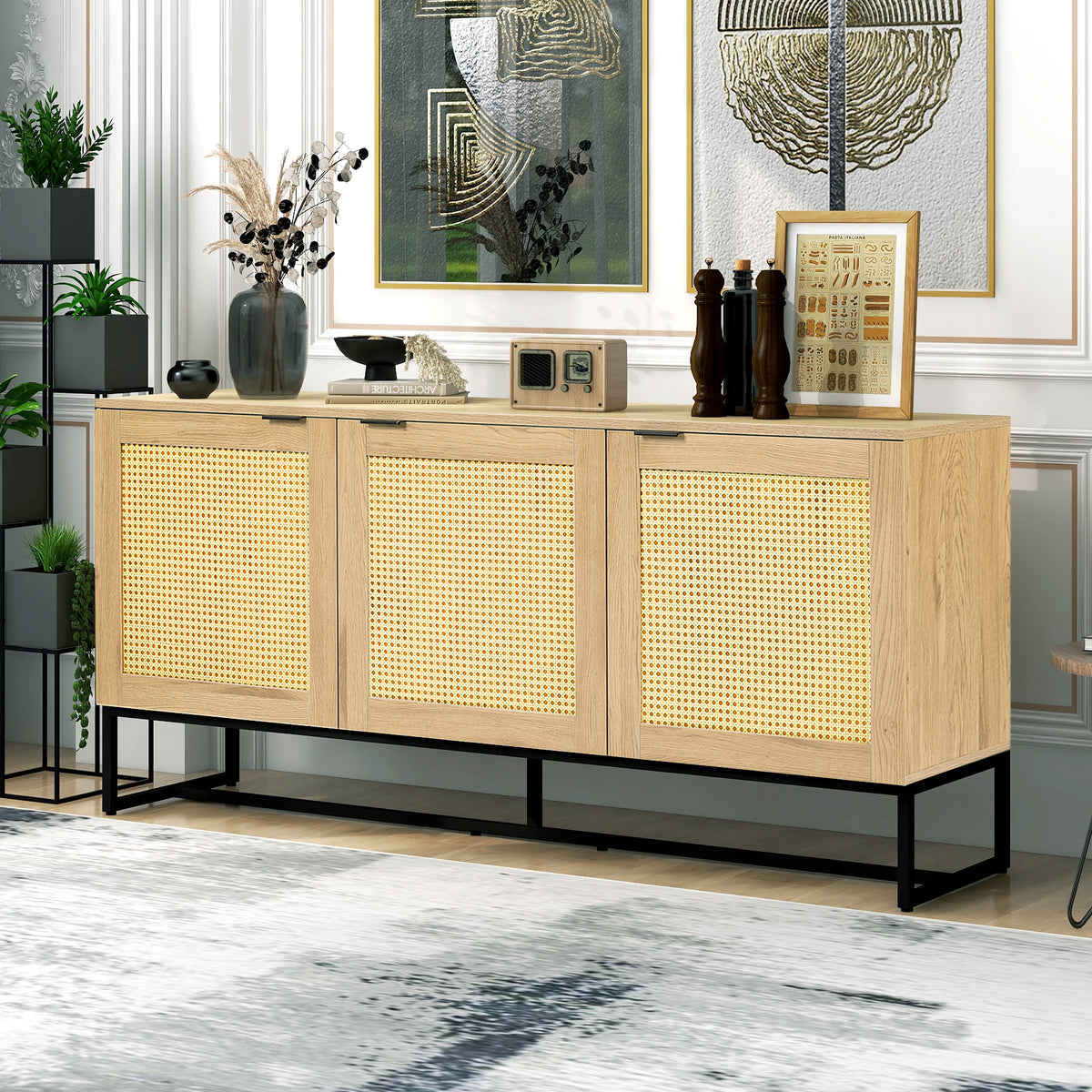 Wicker Sideboard Storage Cabinet 63 inch, with 3 doors - Natural color