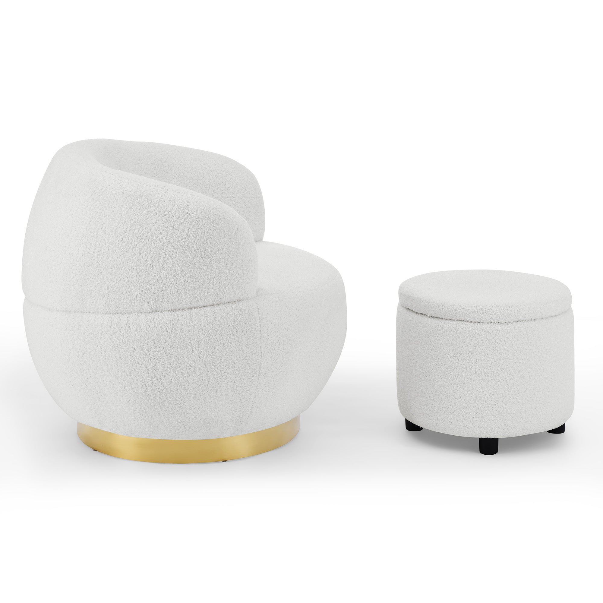Swviel Barrel Chair Gold Stainless Steel Base with Storage Ottoman - Teddy Fabric Ivory