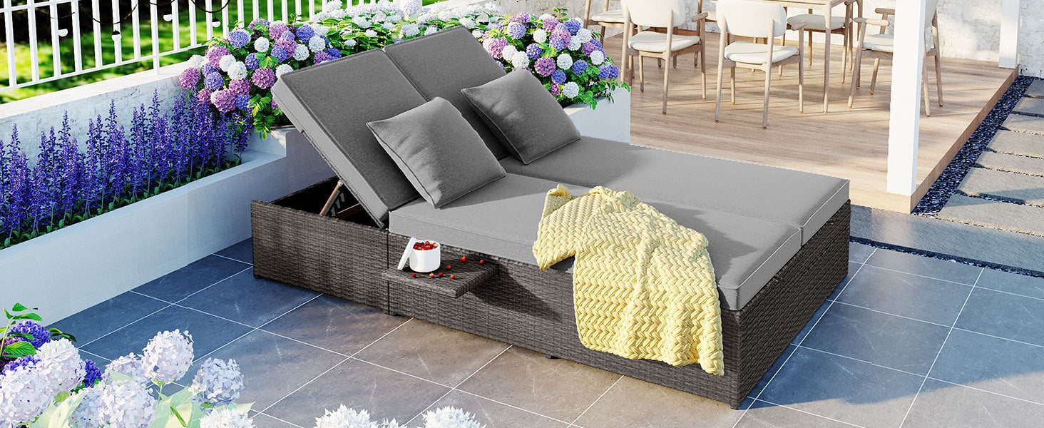 Outdoor Double Sun bed, Wicker Rattan Patio Reclining Chairs with Adjustable Backrest and Seat, Conversational Set for 2 Person - Gray