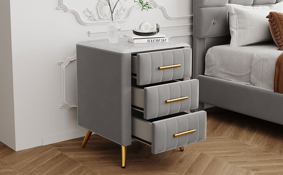 Upholstered Wooden Nightstand with 3 Drawers, Table with Marbling Worktop - Gray