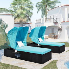 76.8" Long Reclining Single Chaise Lounge with Cushions, Canopy and Cup Table (Set of 2) - Black Wicker + Blue Cushion