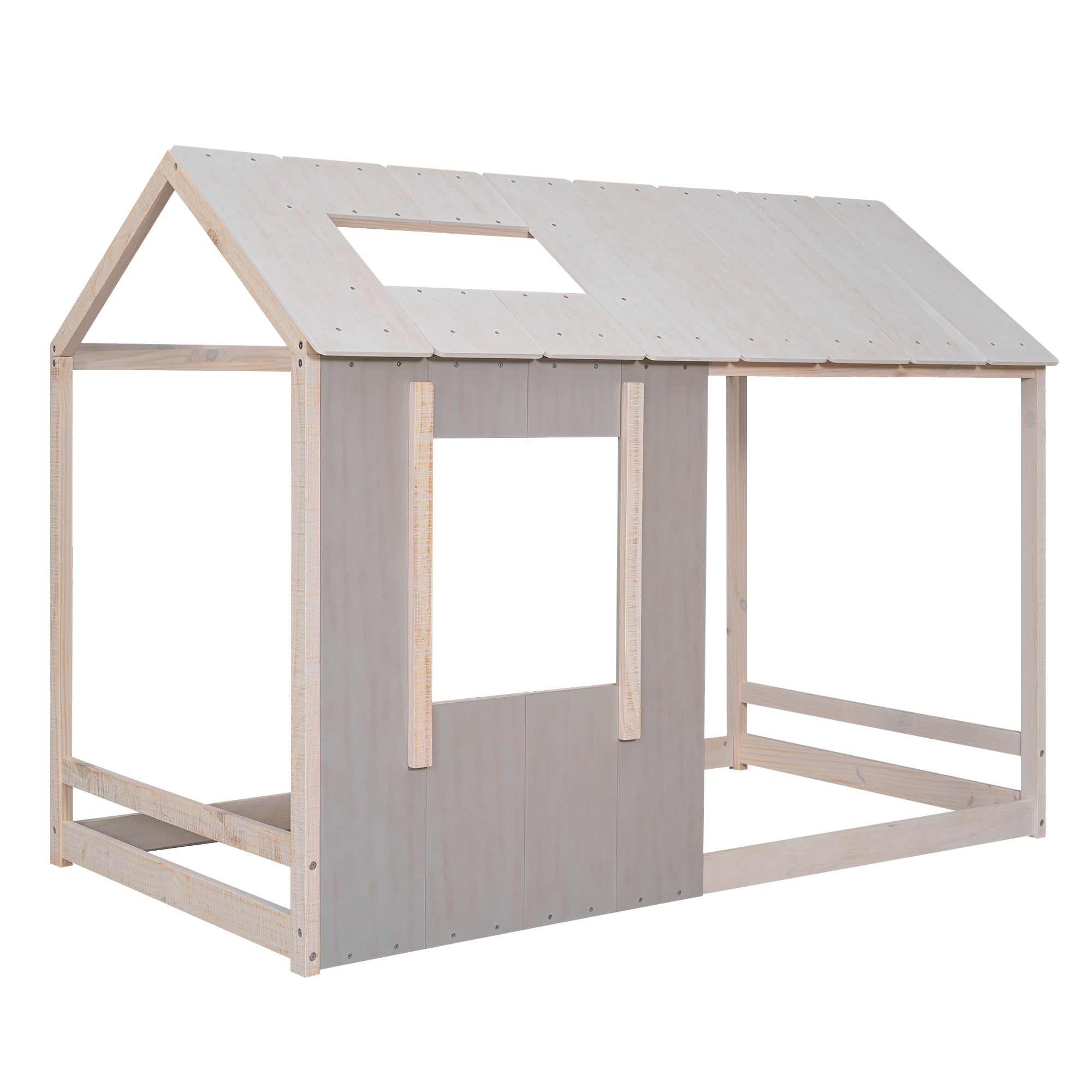 Twin Size House Platform with Roof and Window  - Antique Grey+Antique White