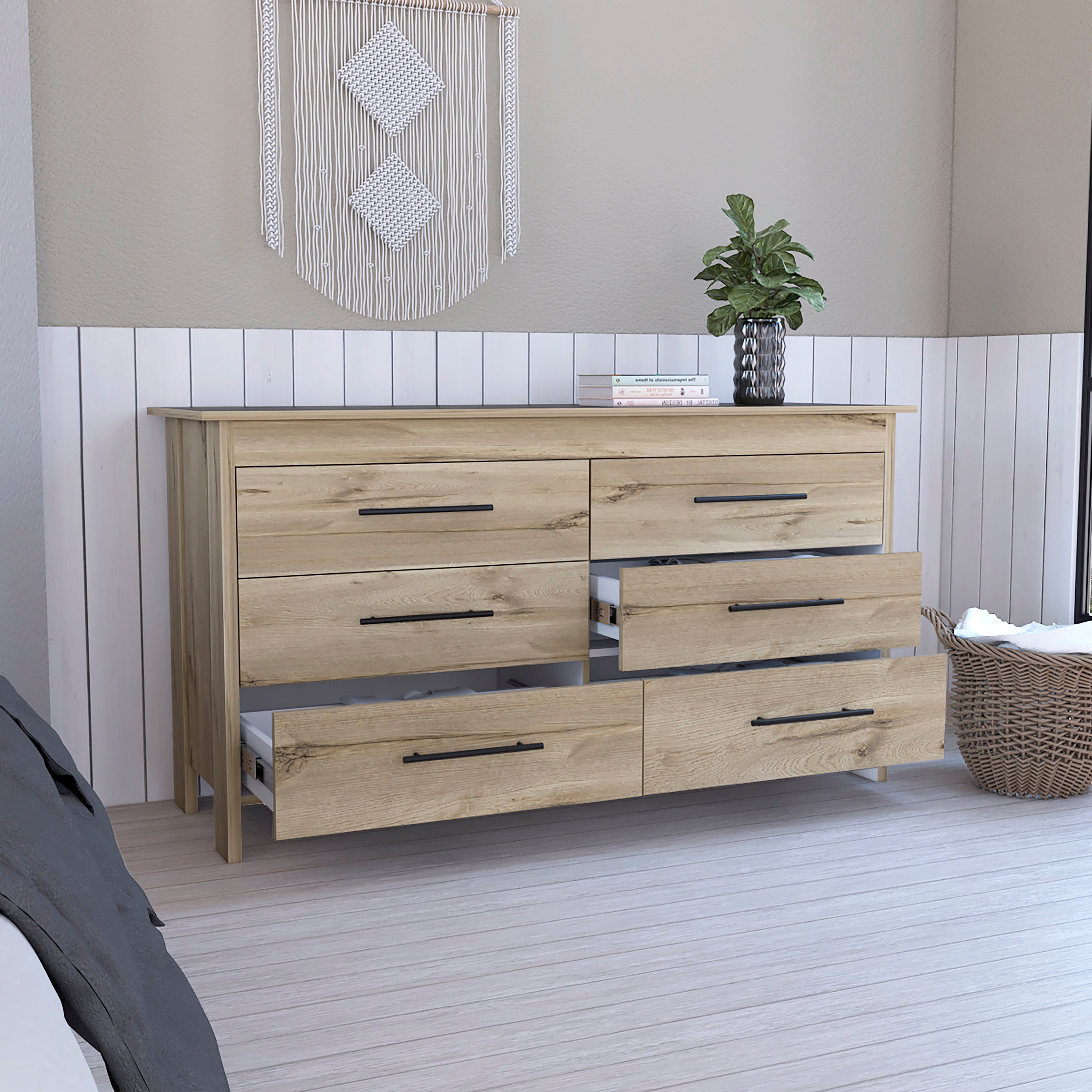 6-Drawer Rectangle Dresser - Light Oak and White