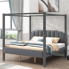 King Size Upholstery Canopy Platform Bed with Headboard - Gray
