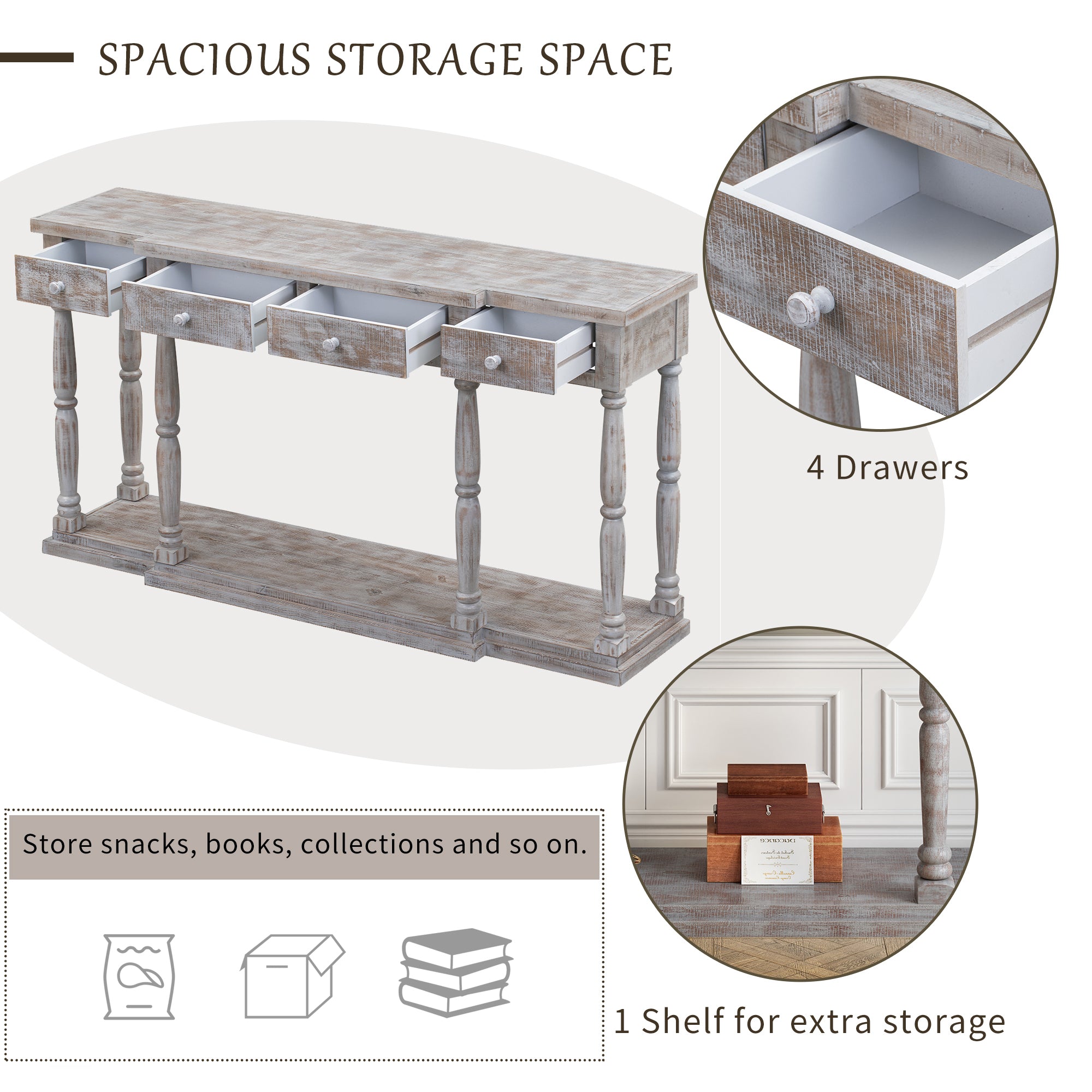 Farmhouse Console Table for Hallway with 4 Front Facing Storage Drawers and 1 Shelf