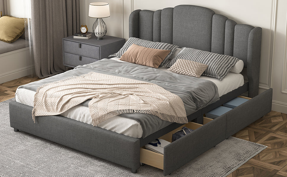 Queen Bed Upholstered Platform with Wingback Headboard and 4 Drawers - Grey