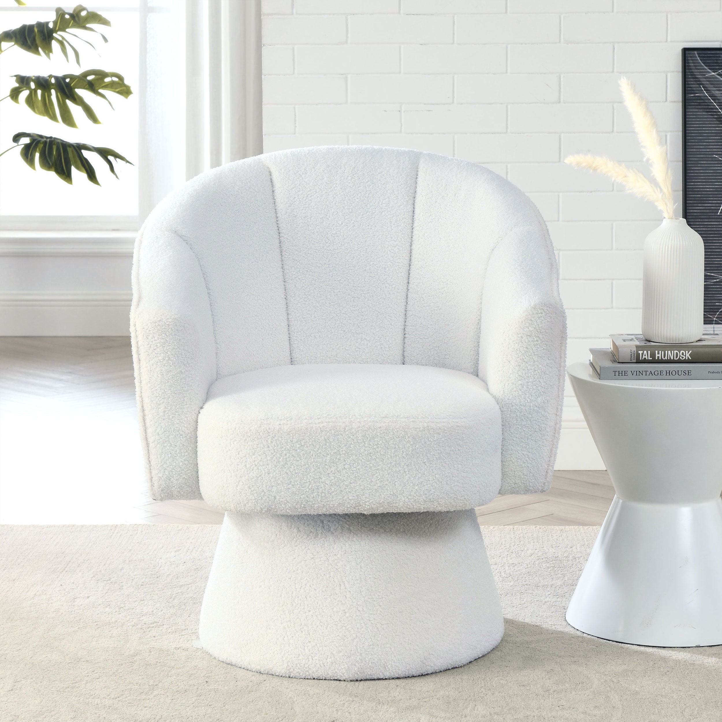 29 "W Petal Modern Contemporary Accent Lounge Swivel Chair with Deep Channel Tufting and Base - White Teddy