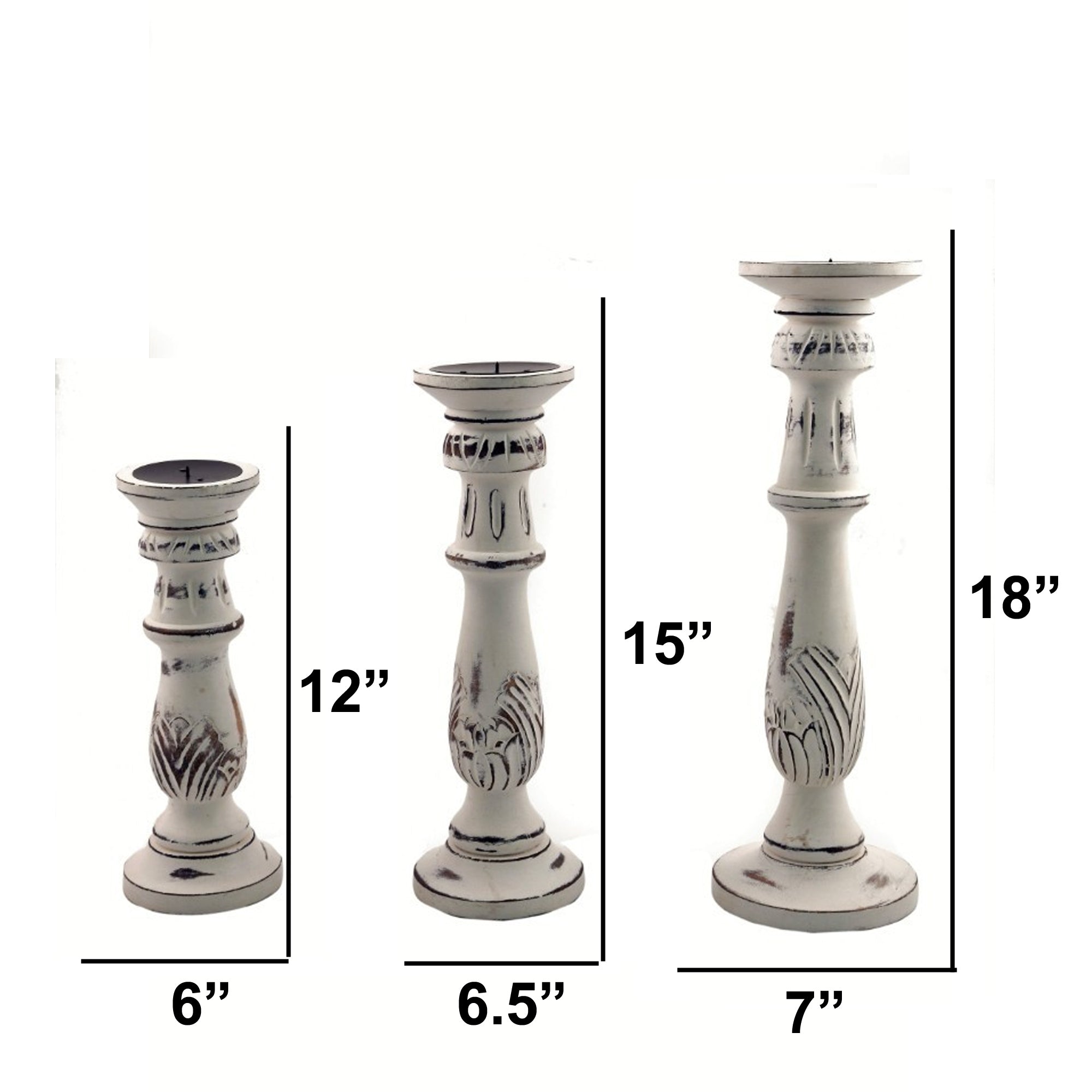Distressed Mango Wood Pillar Shaped Candle holder (Set of 3) - White