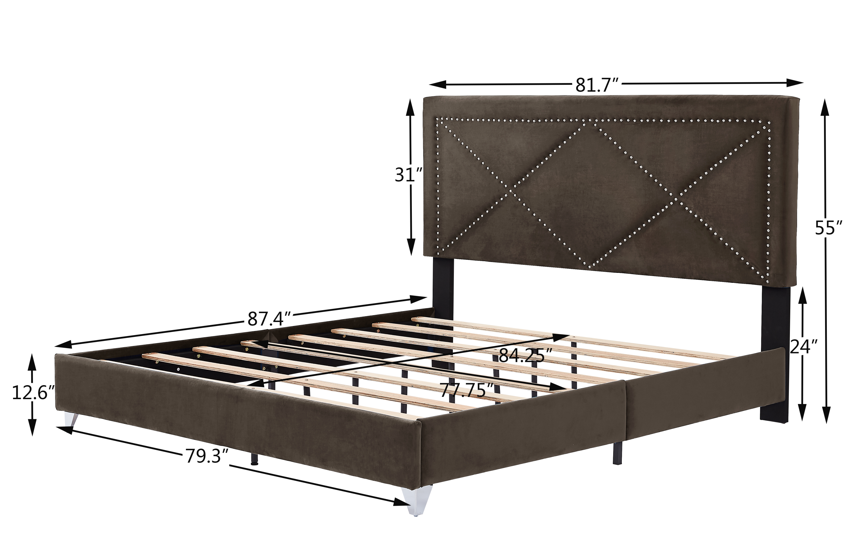 King Bed - Beautiful brass studs adorn the headboard, strong wooden slats + metal legs with Electroplate