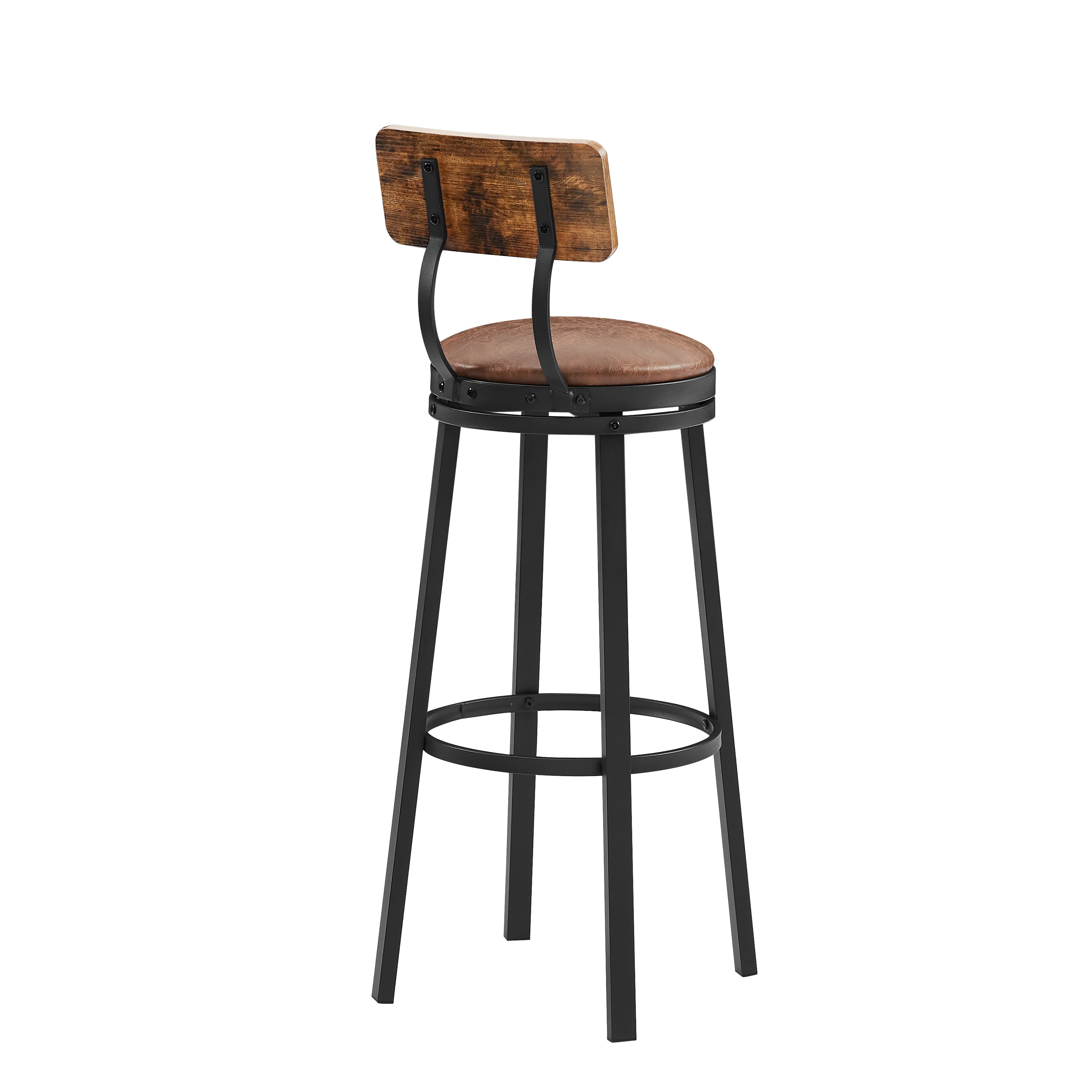 High Bar Stool With Backrest PU Soft Seat Cushion and Footrest (Set of 2) - Rustic Brown