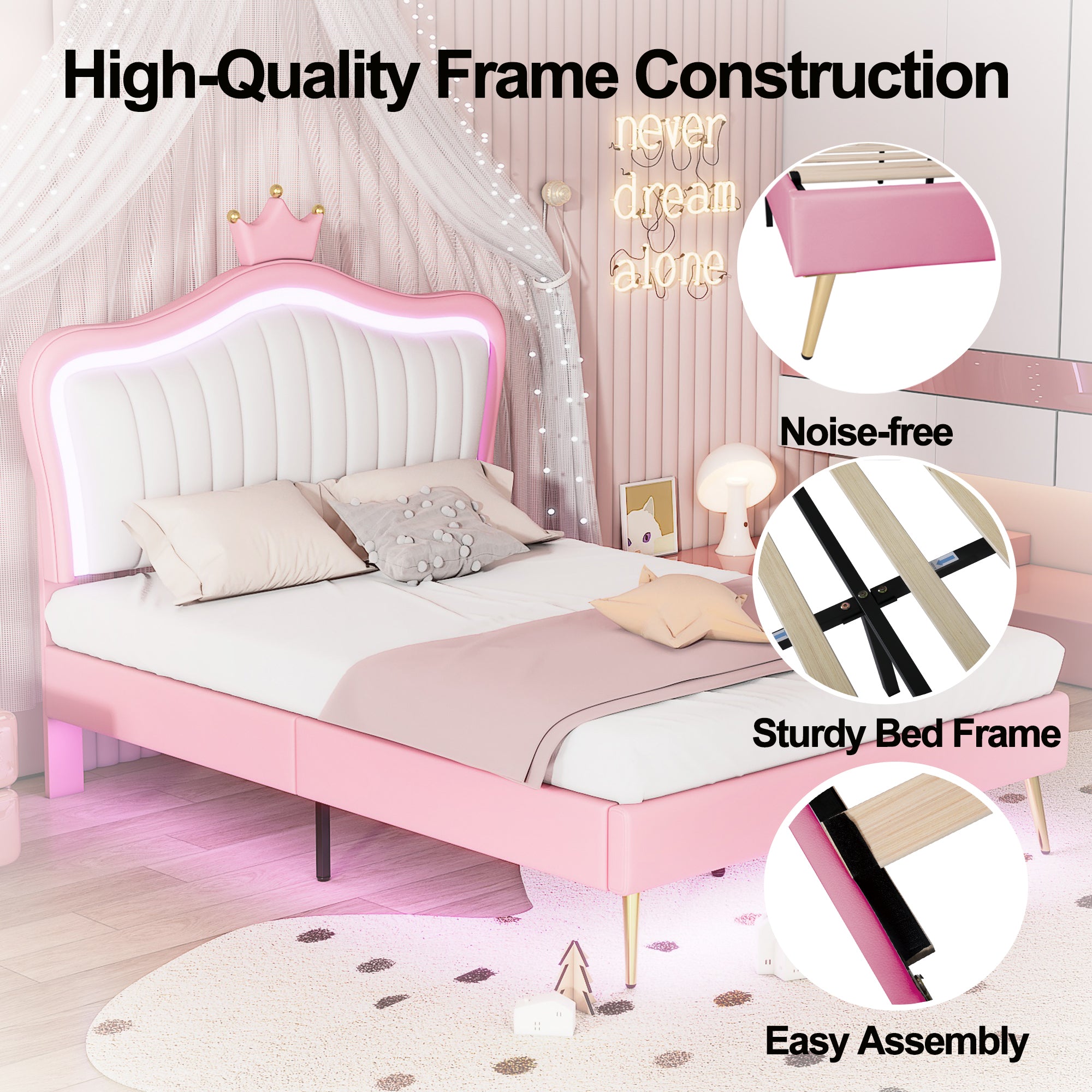 Full Size Princess Bed With Crown Headboard with LED Lights - White+Pink