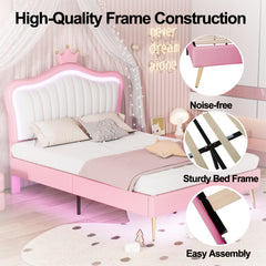 Full Size Princess Bed With Crown Headboard with LED Lights - White+Pink