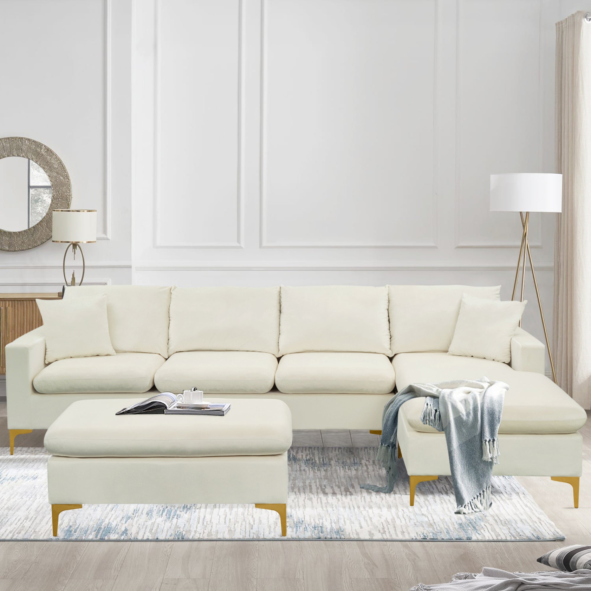 Velvet L Shaped Sectional Sofa Bed Couches Chaise Ottoman Pillows, Cream White