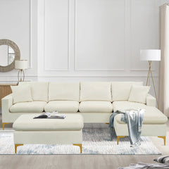 Velvet L Shaped Sectional Sofa Bed Couches Chaise Ottoman Pillows, Cream White