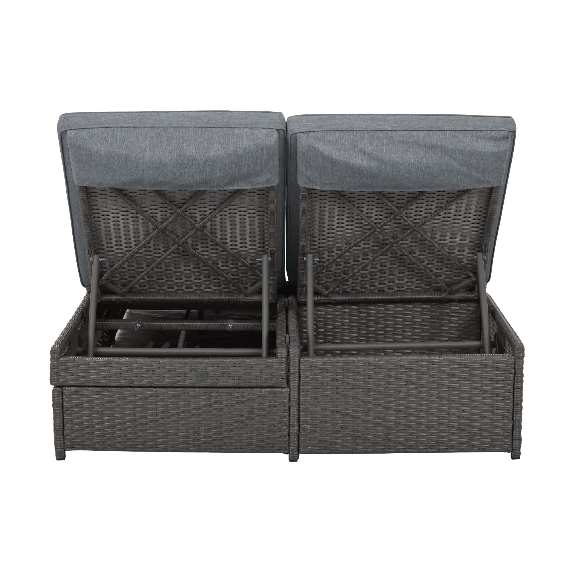 Outdoor Double Sun bed, Wicker Rattan Patio Reclining Chairs with Adjustable Backrest and Seat, Conversational Set for 2 Person - Gray