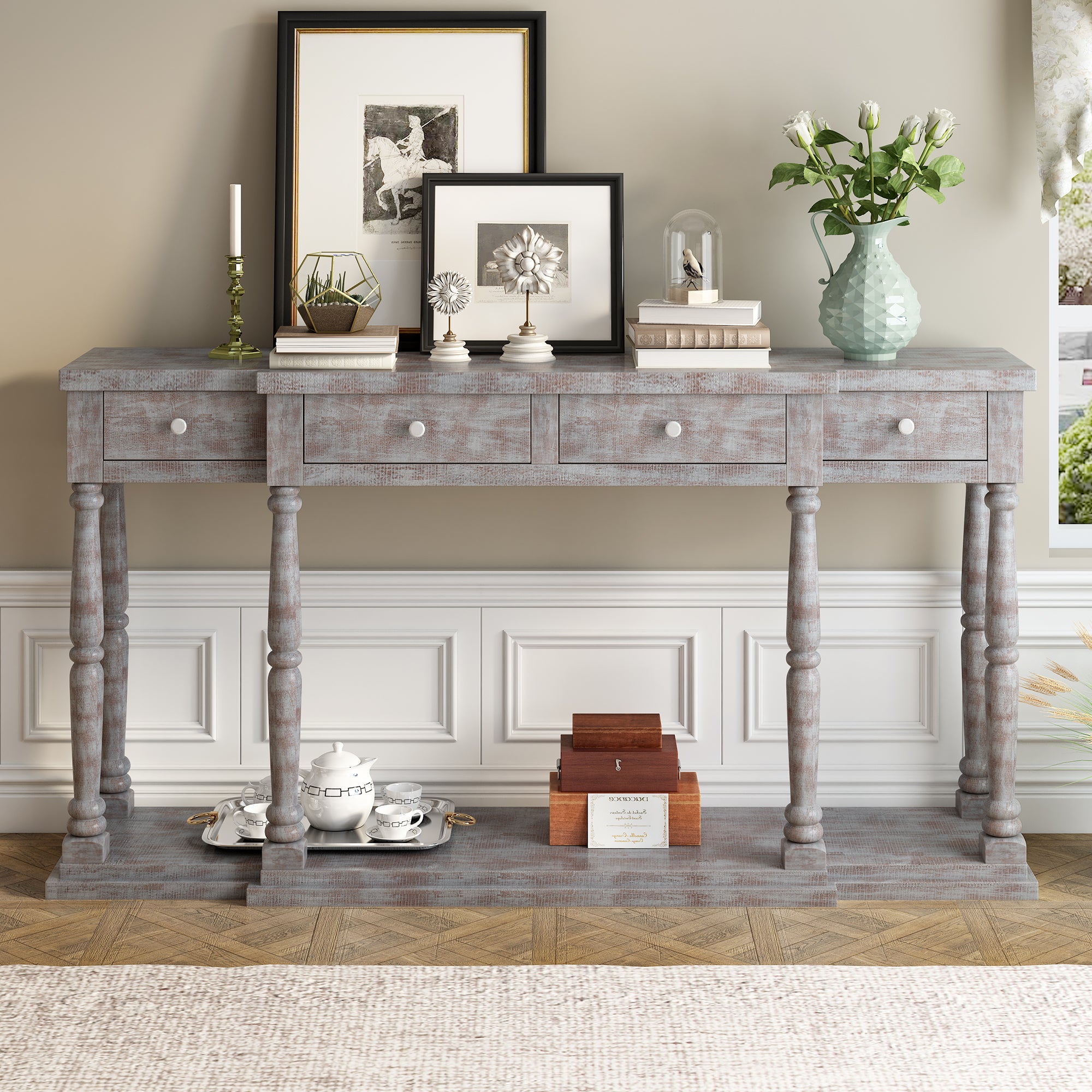 Farmhouse Console Table for Hallway with 4 Front Facing Storage Drawers and 1 Shelf