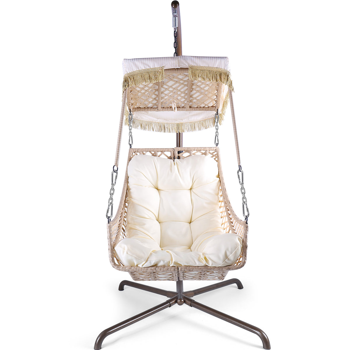 Swing Egg Chair with Stand Indoor Outdoor, UV Resistant Black Cushion with Cup Holder, Wicker Rattan Frame with Sunshade Cloth