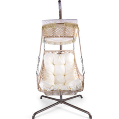 Swing Egg Chair with Stand Indoor Outdoor, UV Resistant Black Cushion with Cup Holder, Wicker Rattan Frame with Sunshade Cloth