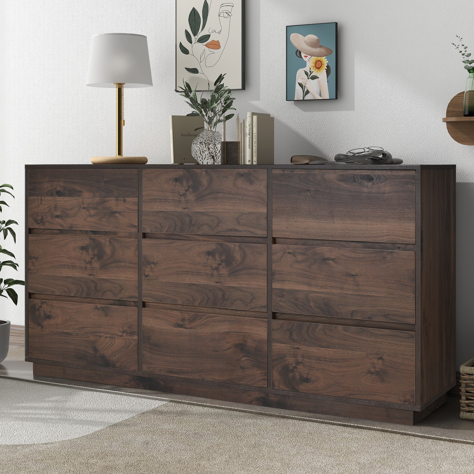 Mid-Century Modern 9 Drawers Dresser - Dark Brown