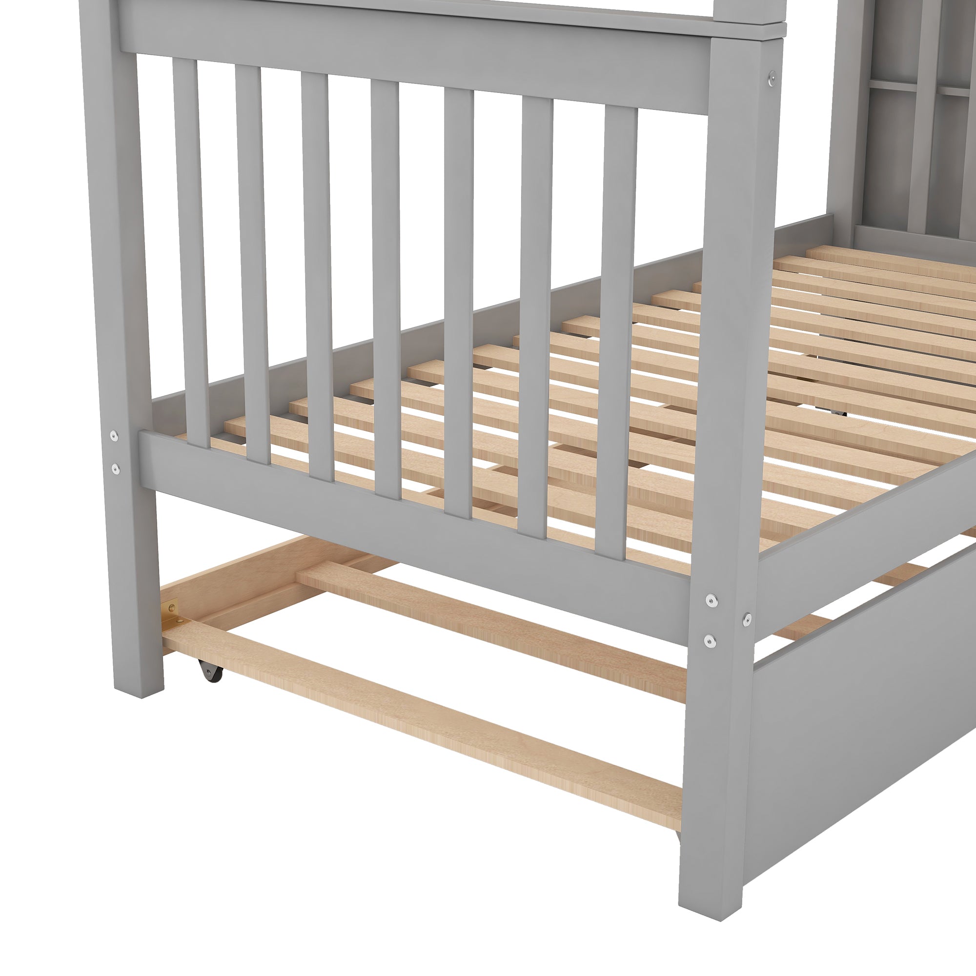 Twin over Twin Bunk Bed with Trundle and Storage -  Gray