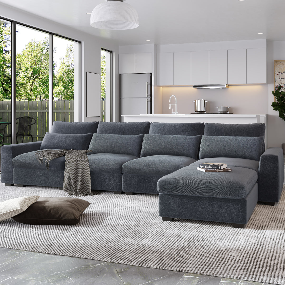 U_Style Modern Large L-Shape Feather Filled Sectional Sofa,  Convertible Sofa Couch with Reversible Chaise - Dark Gray