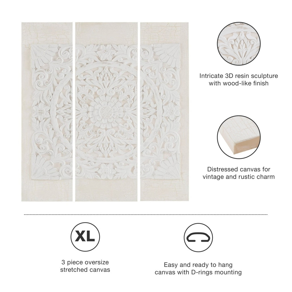 White Mandala Triptych 3-piece Dimensional Resin Canvas Wall Art Set