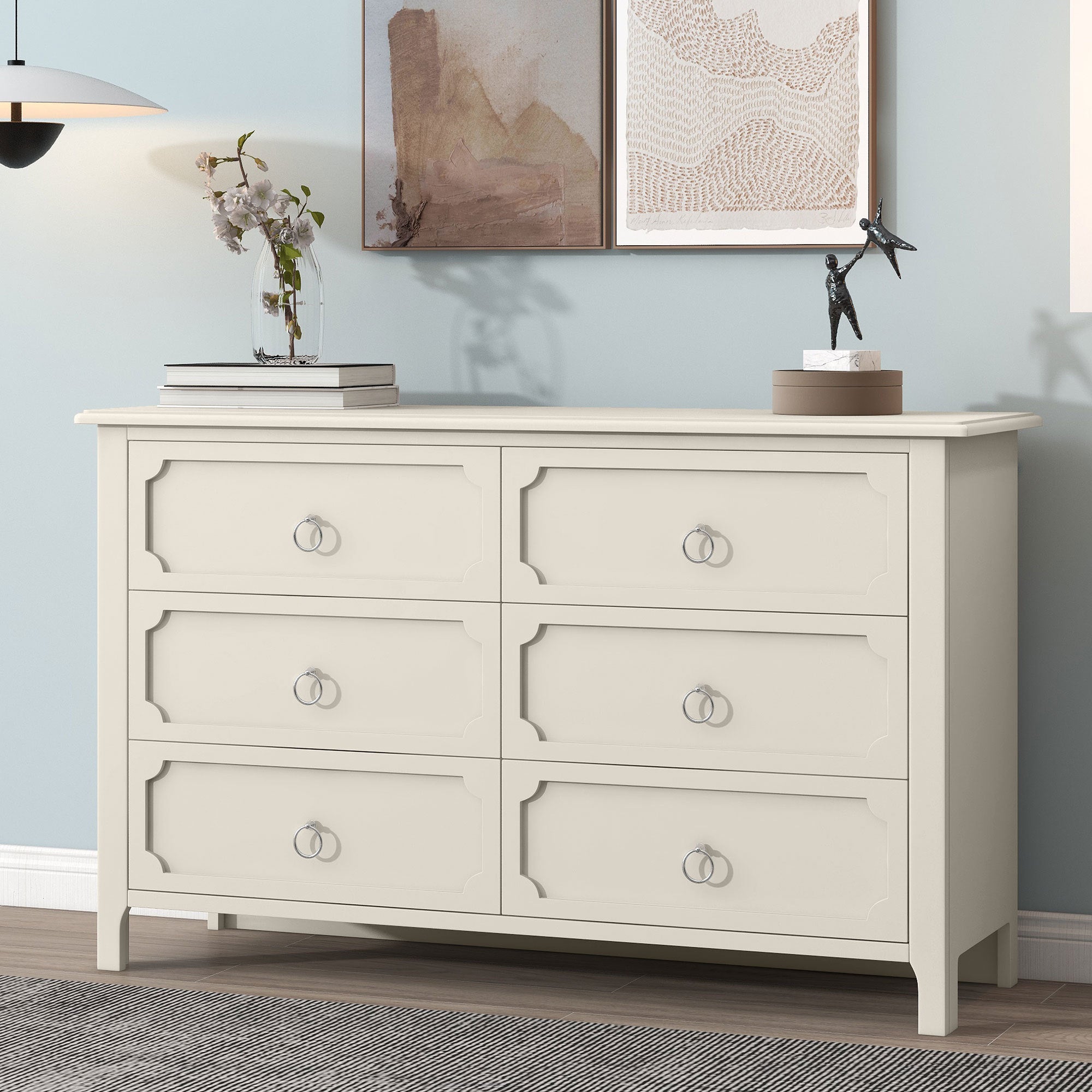 Milky Rubber Wooden Dresser 6 Large Drawers Silver Metal Handles - White