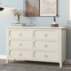 Milky Rubber Wooden Dresser 6 Large Drawers Silver Metal Handles - White