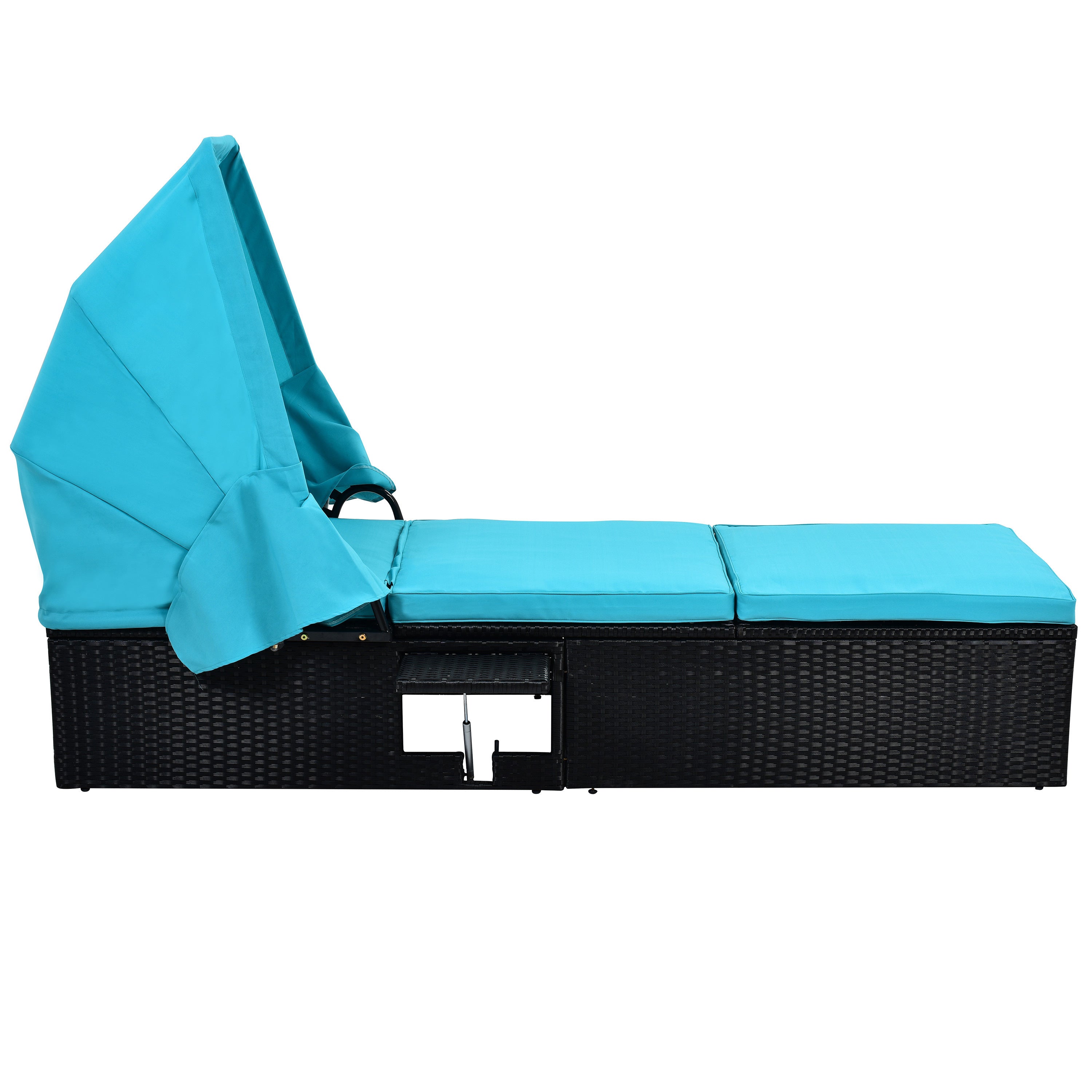 76.8" Long Reclining Single Chaise Lounge with Cushions, Canopy and Cup Table (Set of 2) - Black Wicker + Blue Cushion