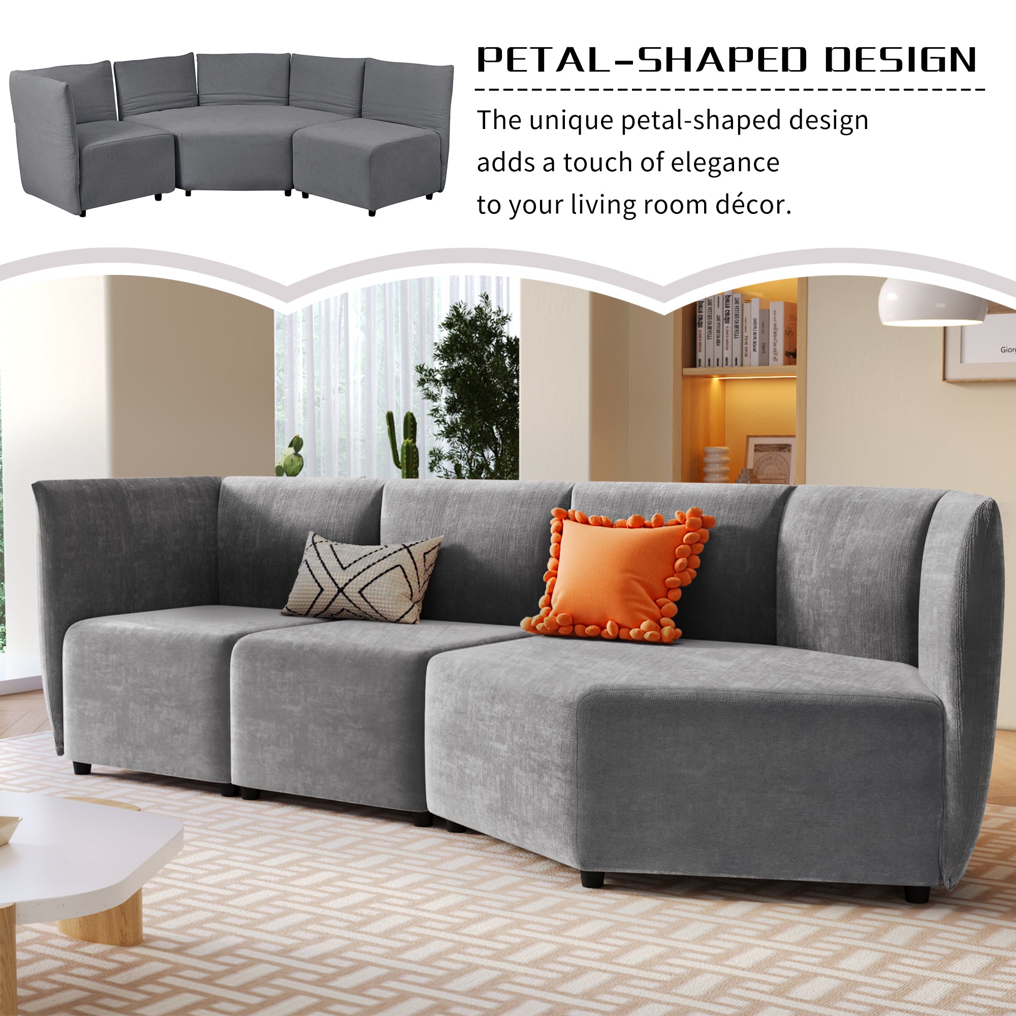 Stylish Sofa Set with Polyester Upholstery with Adjustable Back with Free Combination for Living Room - Gray
