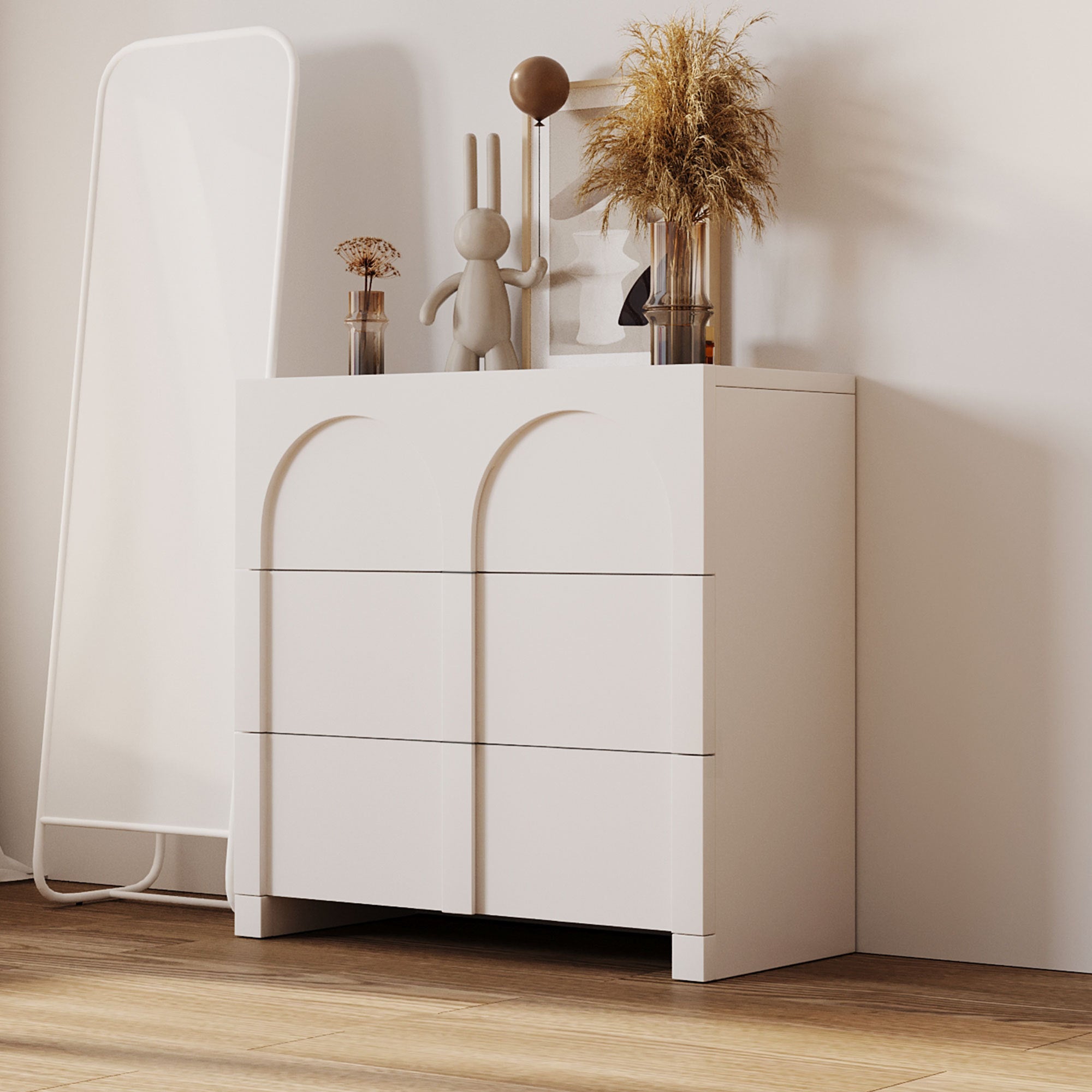 Modern Style Three-Drawer Chest Sideboard Cabinet Ample Storage Spaces  - Half Gloss White