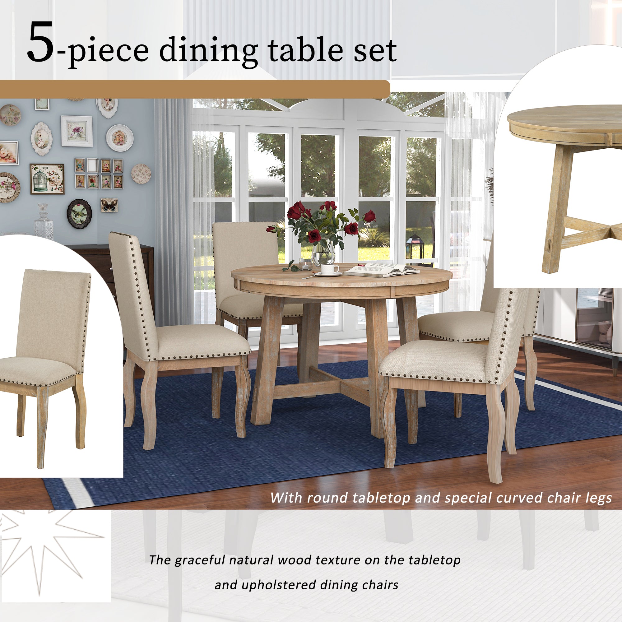 5-Piece Farmhouse Dining Table Set Wood Round Extendable Table and 4 Upholstered Chairs - Natural Wood Wash