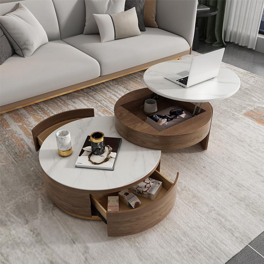 White Sintered Stone Coffee Table Set, 31.5“, Brown (Set of 2)