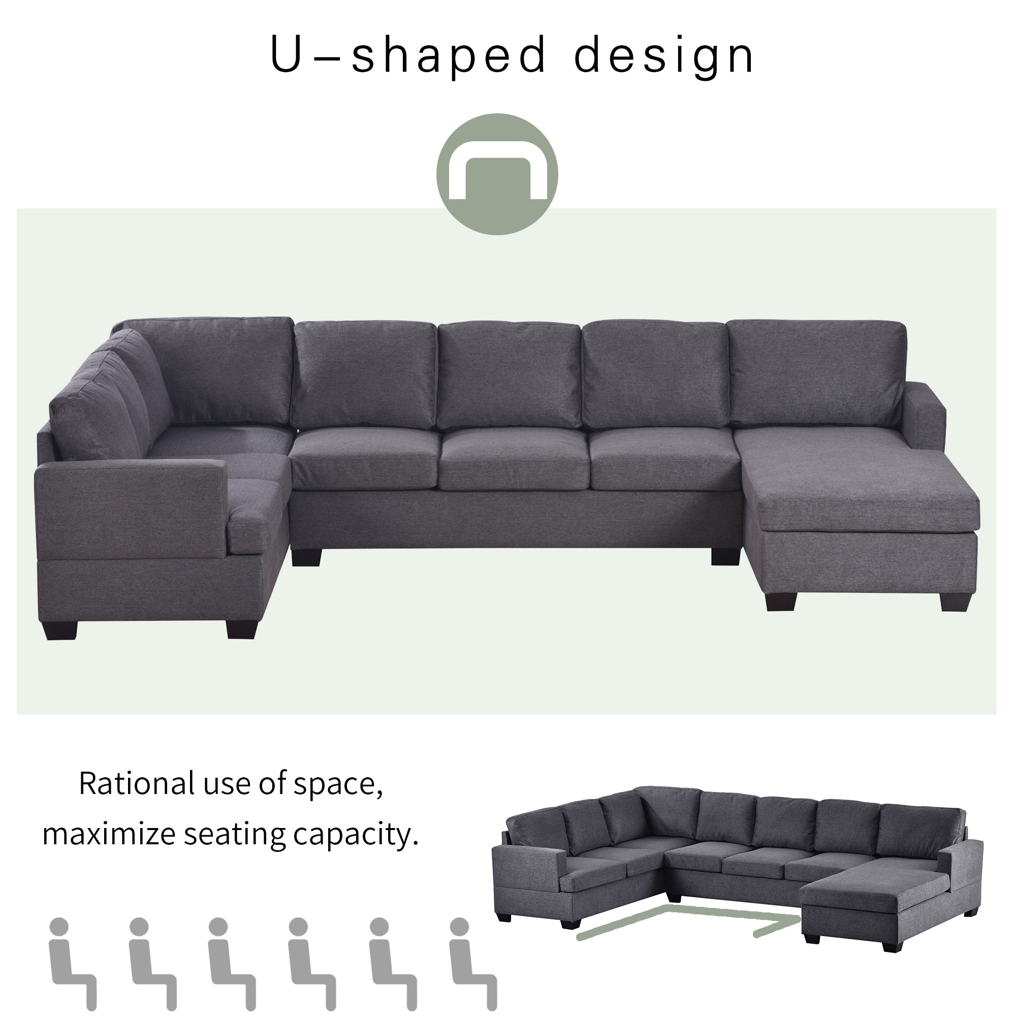 Modern Large Upholstered  U-Shape Sectional Sofa, Extra Wide Chaise Lounge Couch - Grey