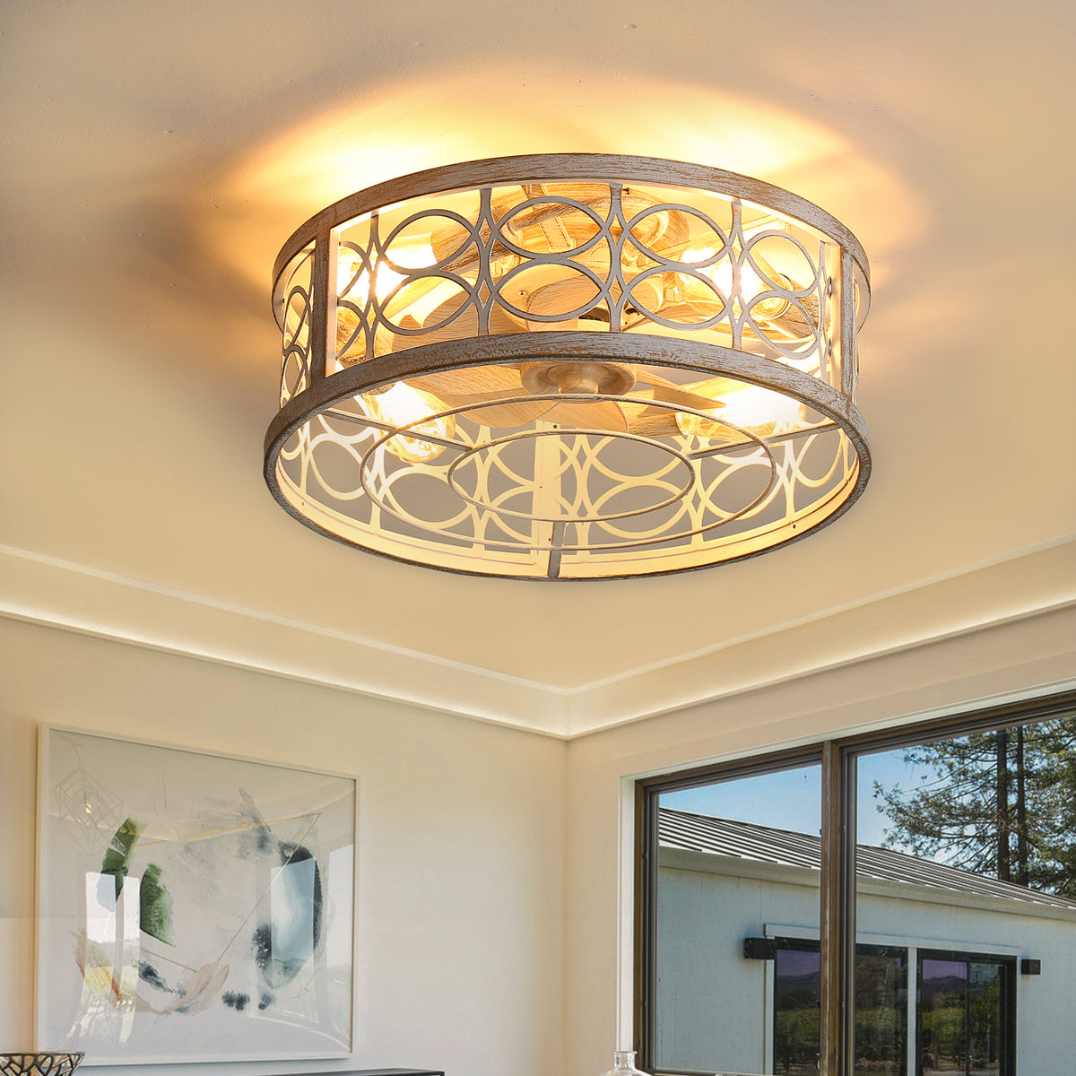 American Style Ceiling Fan with Lights, Monochromatic Lamp, Remote Control, 6 Gear Wind Speed Fan Light