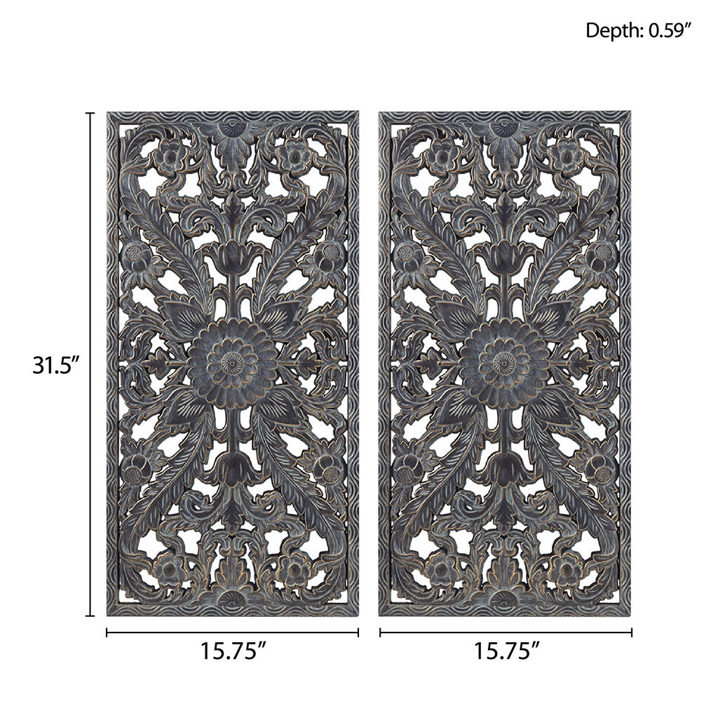Botanical Panel Distressed Carved Wood 2-piece Wall Decor Set - Antique Blue