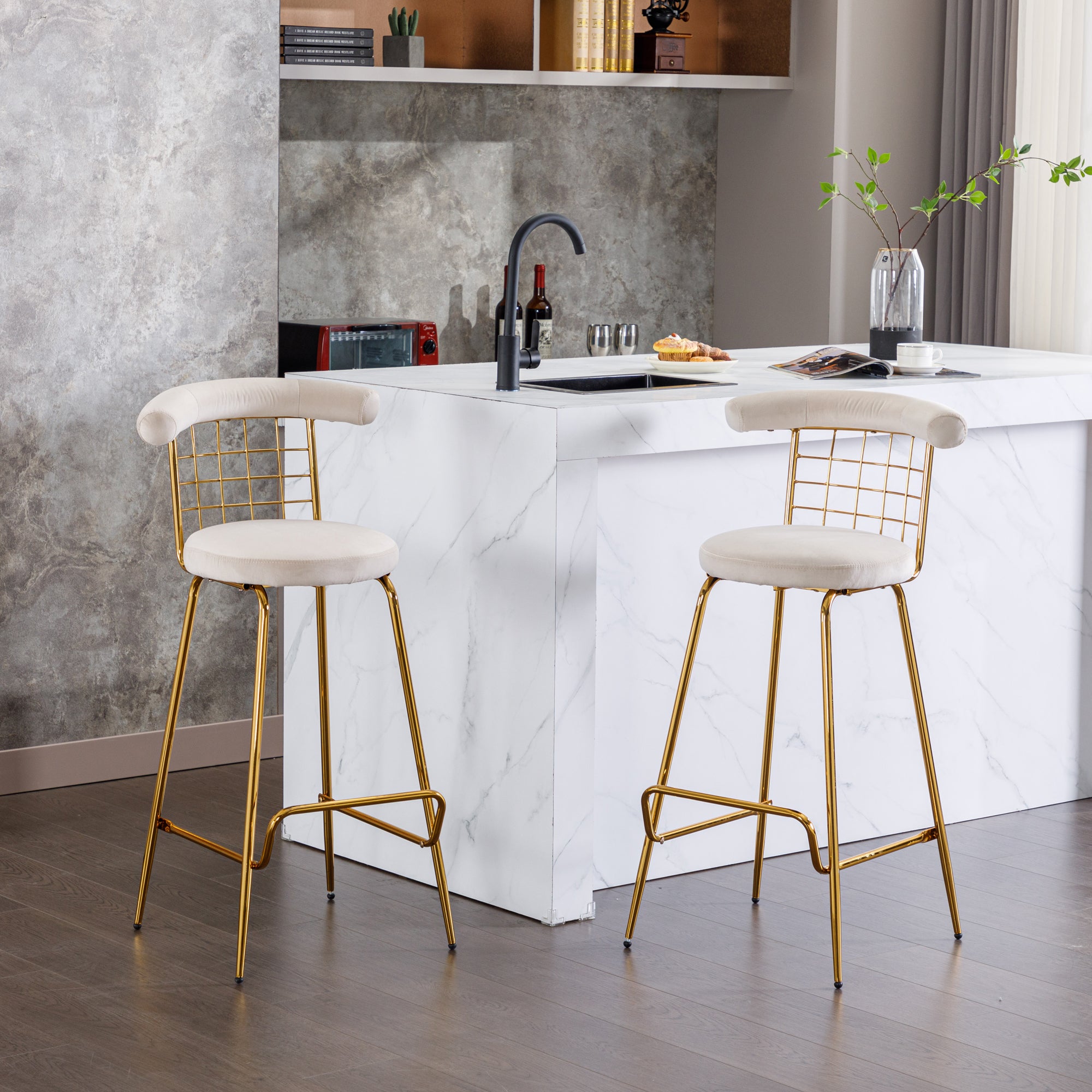 Luxury Velvet High Bar Stool with Metal Legs and Soft Back with Metal Legs (Set of 2) -Beige