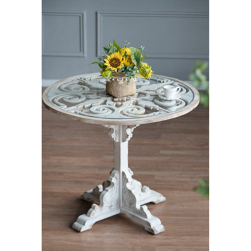 Round Wooden Carved Table - Distressed White Finish Design 24x28.5"