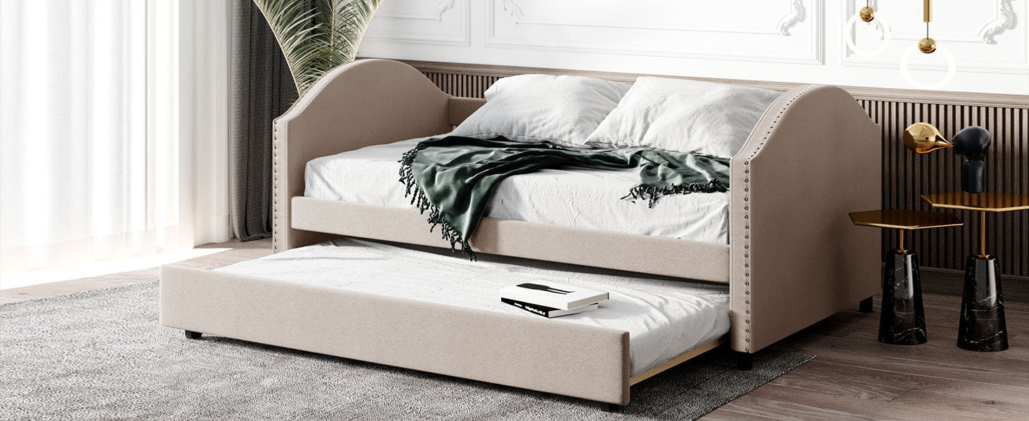 Full Daybed with Twin Size Trundle, Wood Slat Support - Beige