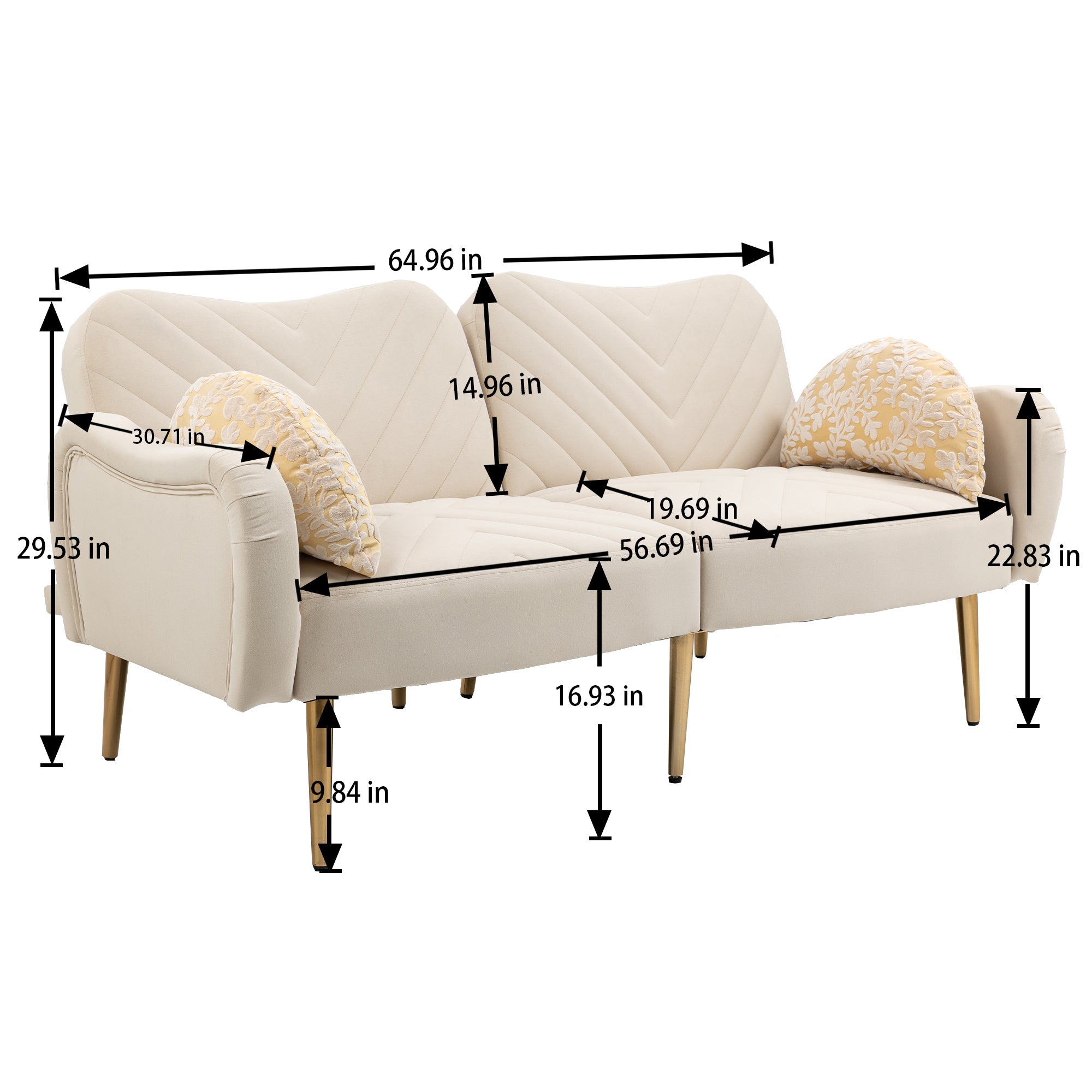 Loveseat Armrest 65 inch Modern Velvet Sofa with 2 Bolster Pillows - Beige