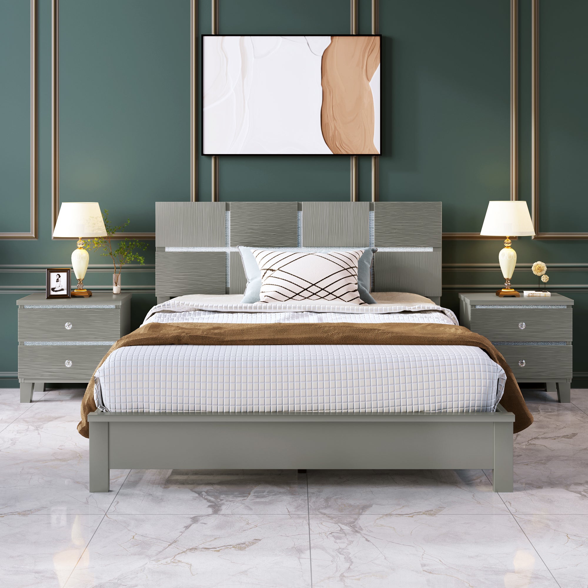 Queen Size Champagne Silver Platform Bed Solid Rubber Wood Frame and Legs - Champagne