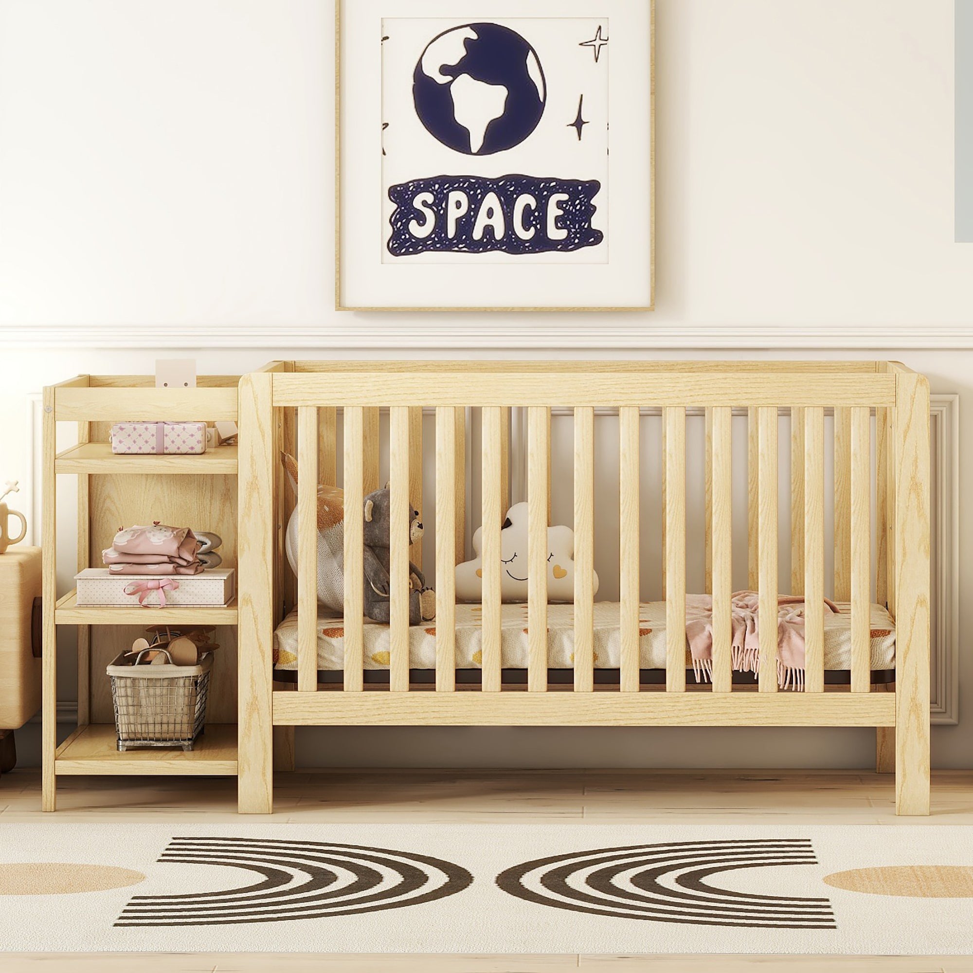 Convertible Crib/Full Size Bed with Changing Table - Natural