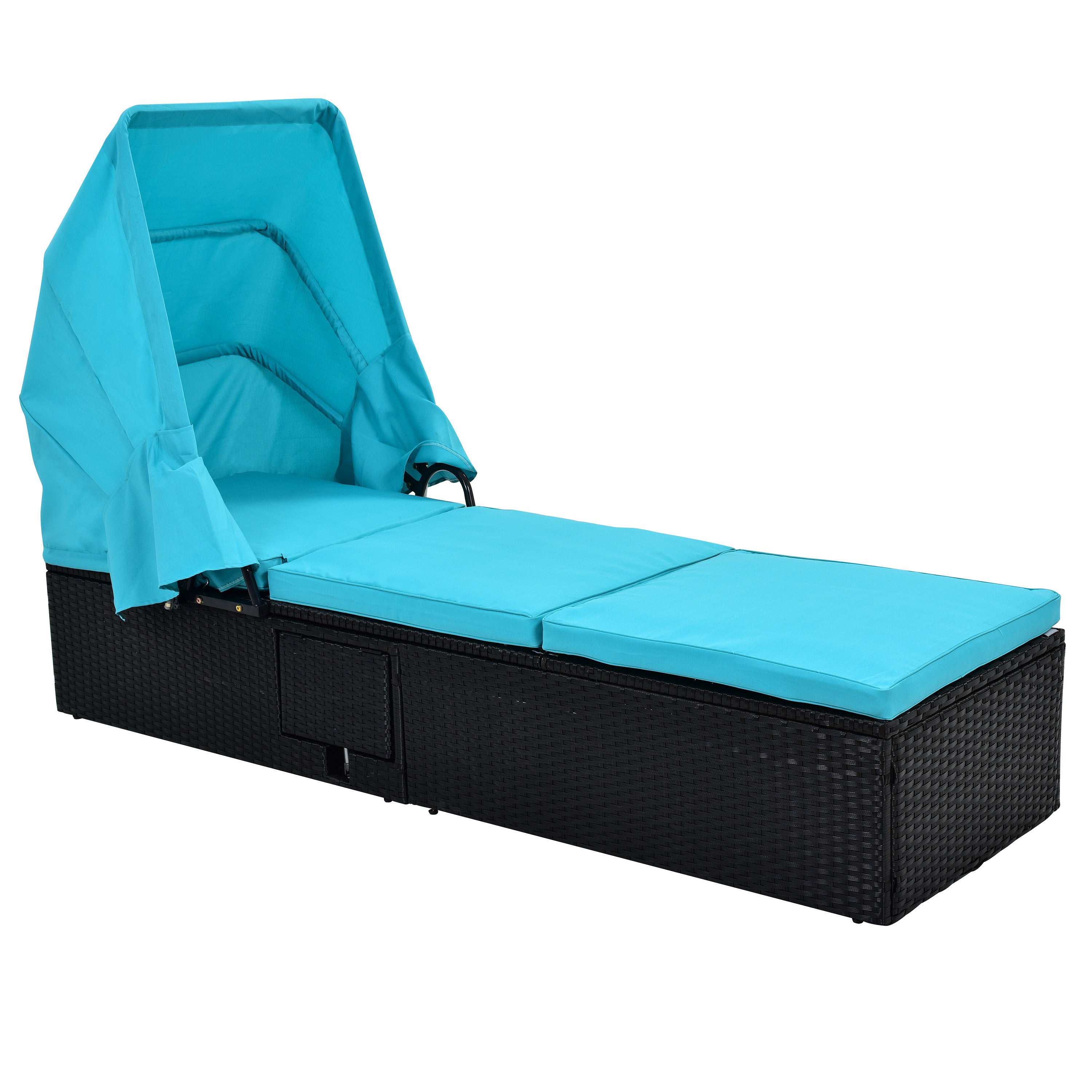 76.8" Long Reclining Single Chaise Lounge with Cushions, Canopy and Cup Table (Set of 2) - Black Wicker + Blue Cushion