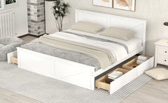 King Size Wooden Platform Bed with Four Storage Drawers and Support Legs - White