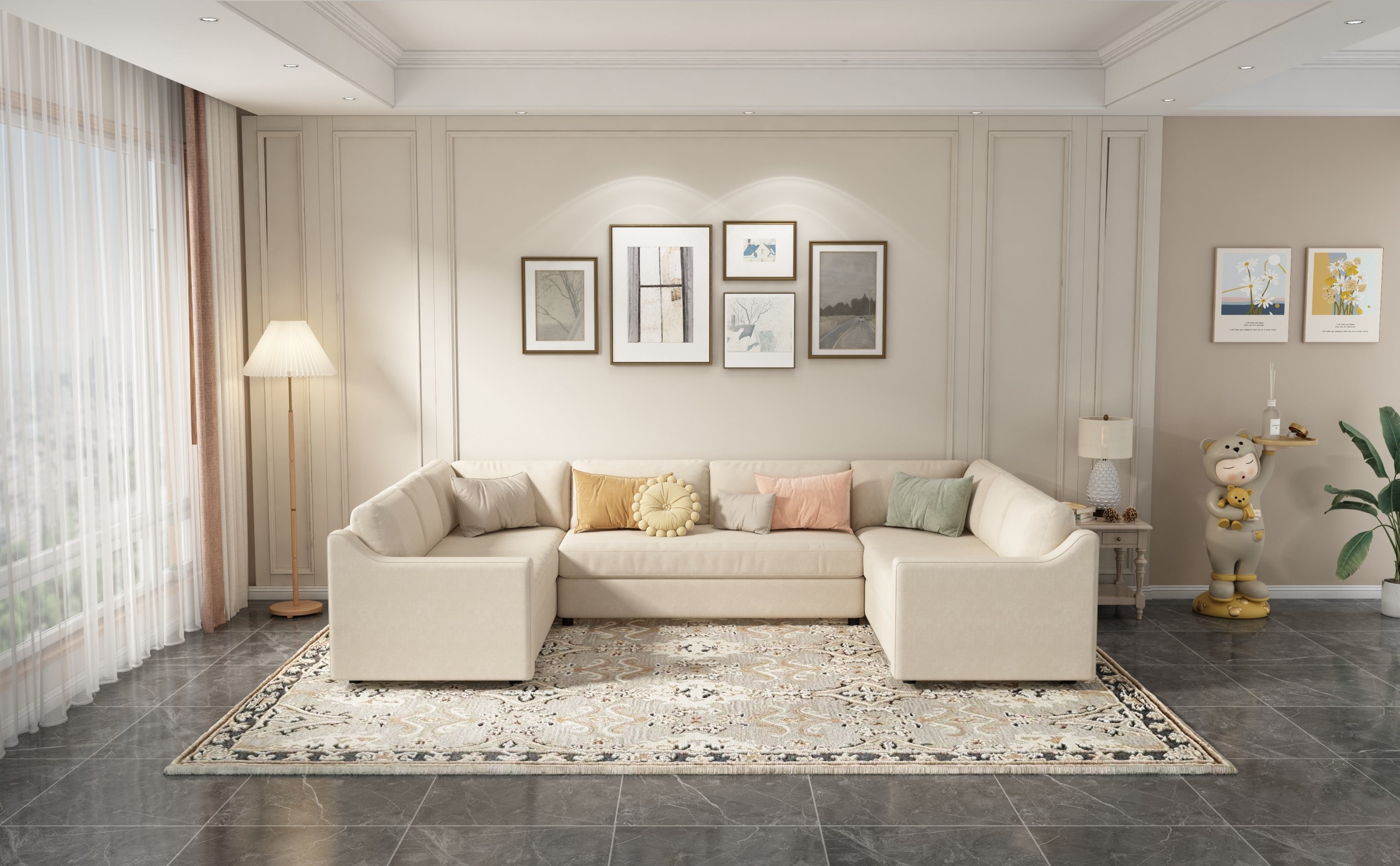 3 Pieces Upholstered U-Shaped Large Sectional Sofa with Thick Seat and Back cushions