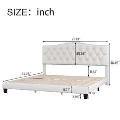 Upholstered Platform King Bed with Saddle Curved Headboard and Diamond Tufted Details - Beige
