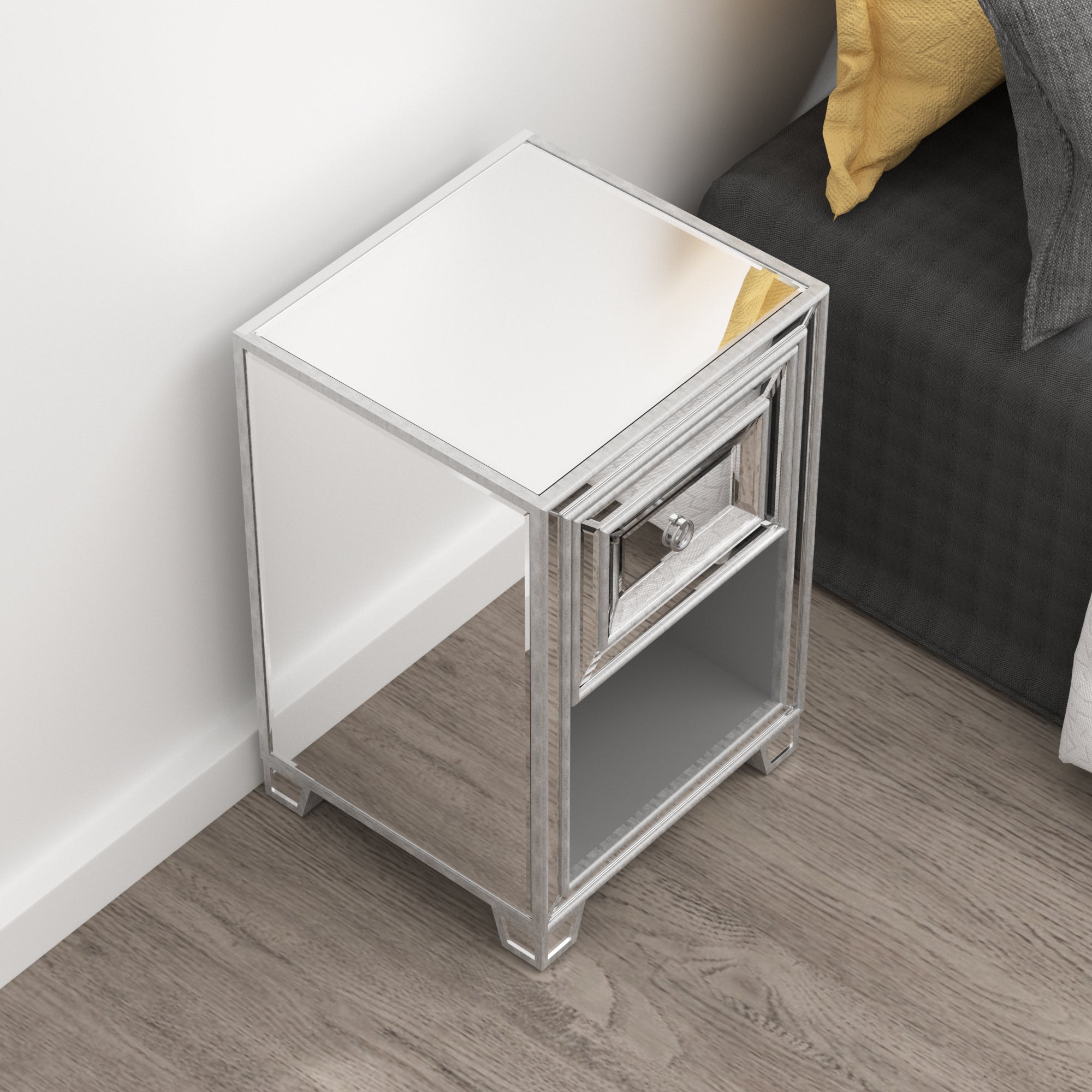Mirrored Nightstand, Antique Painted End Table, Mini Nightstand - Silver Glass