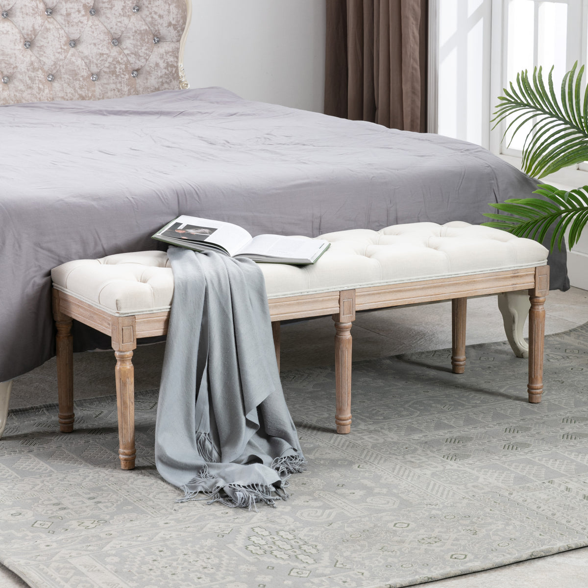 French Bench Upholstered with Ruberwood Legs for Bedroom/Entry/Hallway - Beige