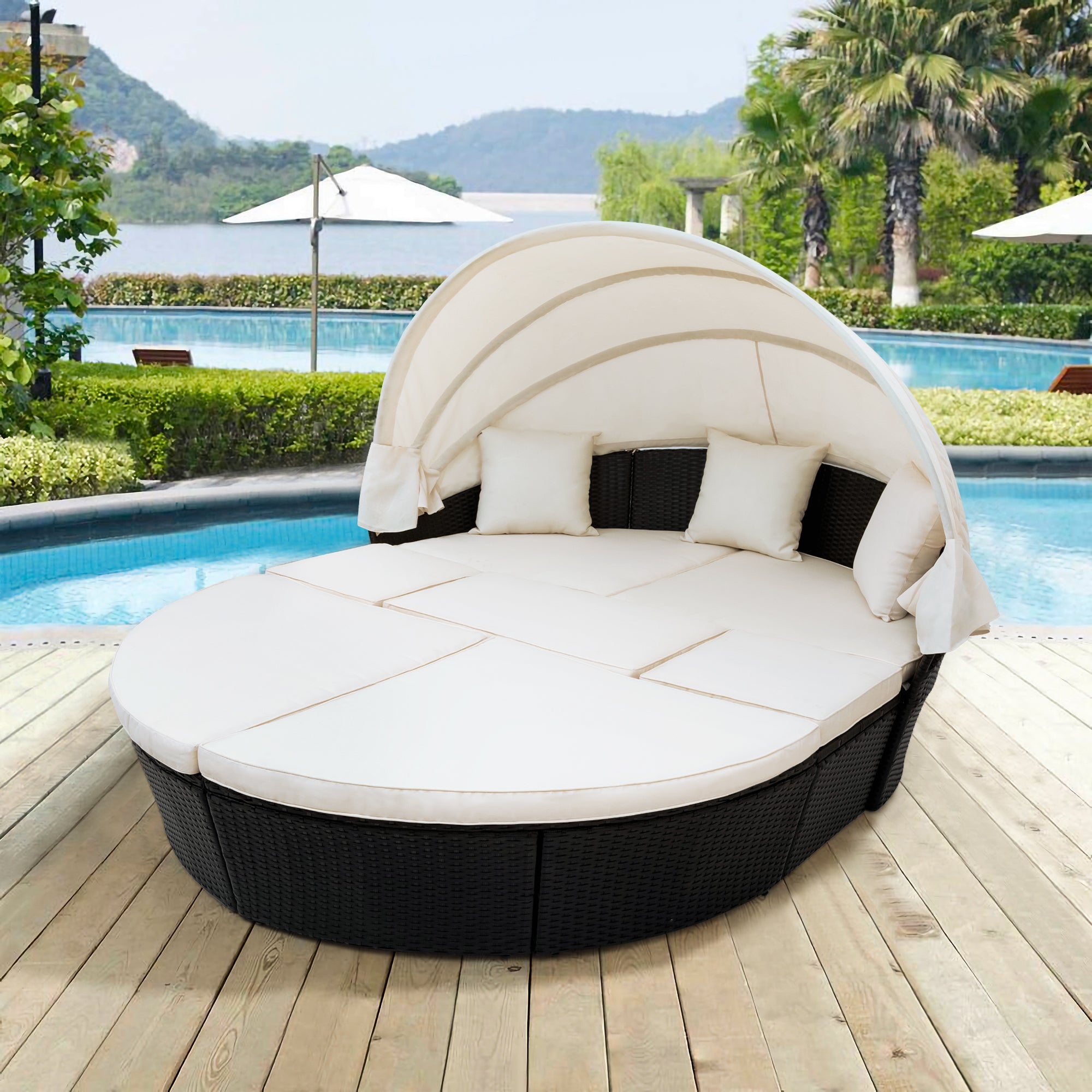 Outdoor Rattan Daybed Sunbed with Retractable Canopy Wicker - Beige
