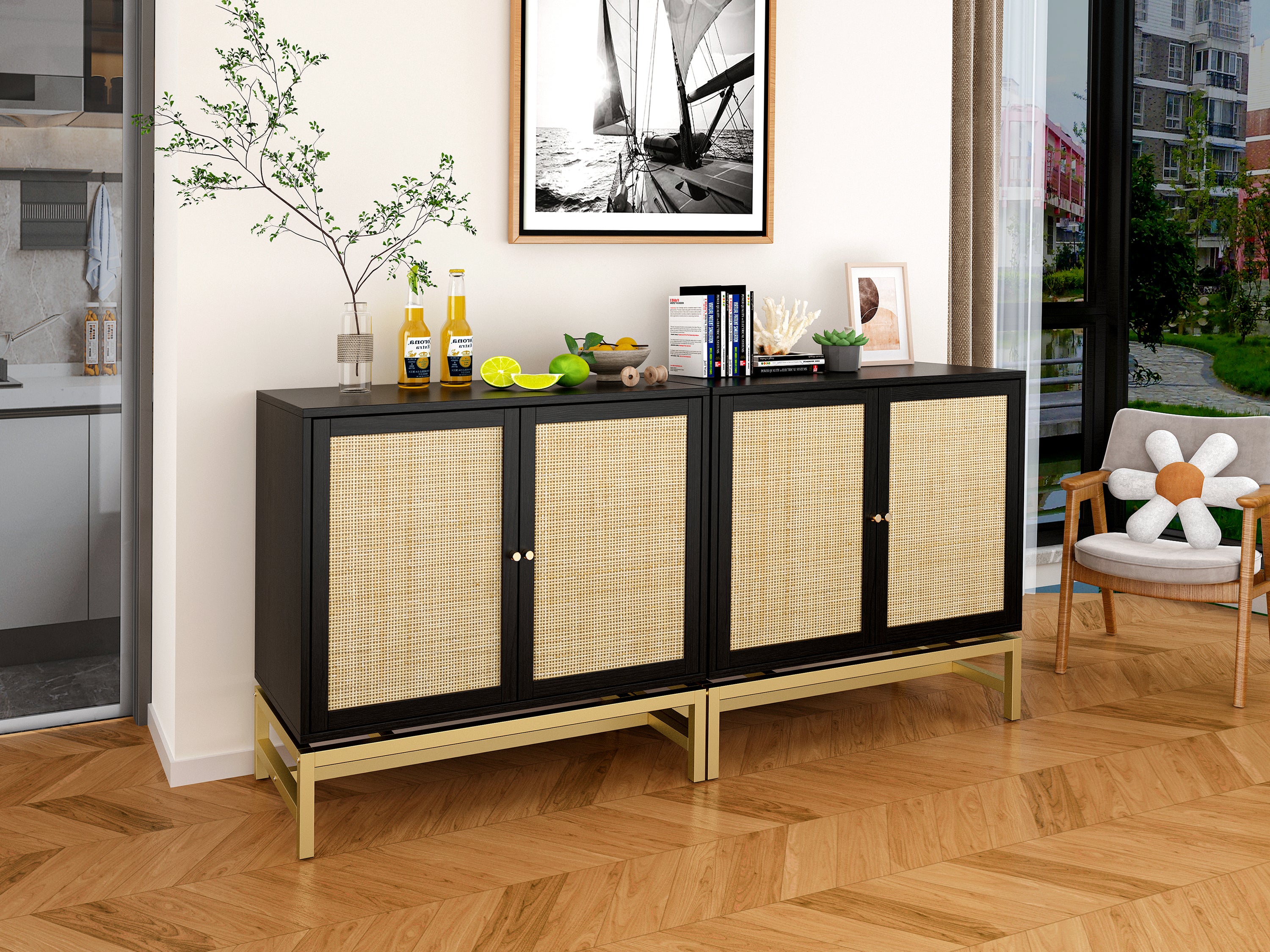 Natural Rattan 2 Door Cabinet - Black